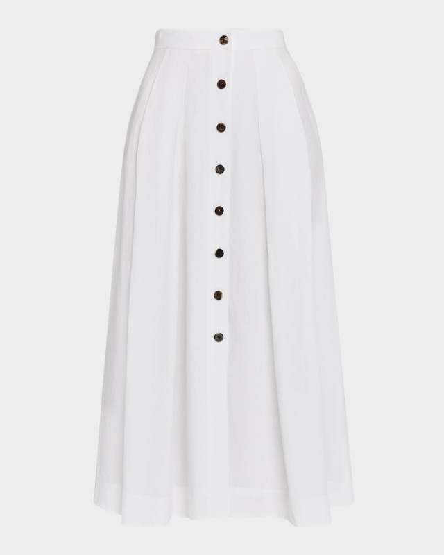 Pleated Button-Front Linen Maxi Skirt